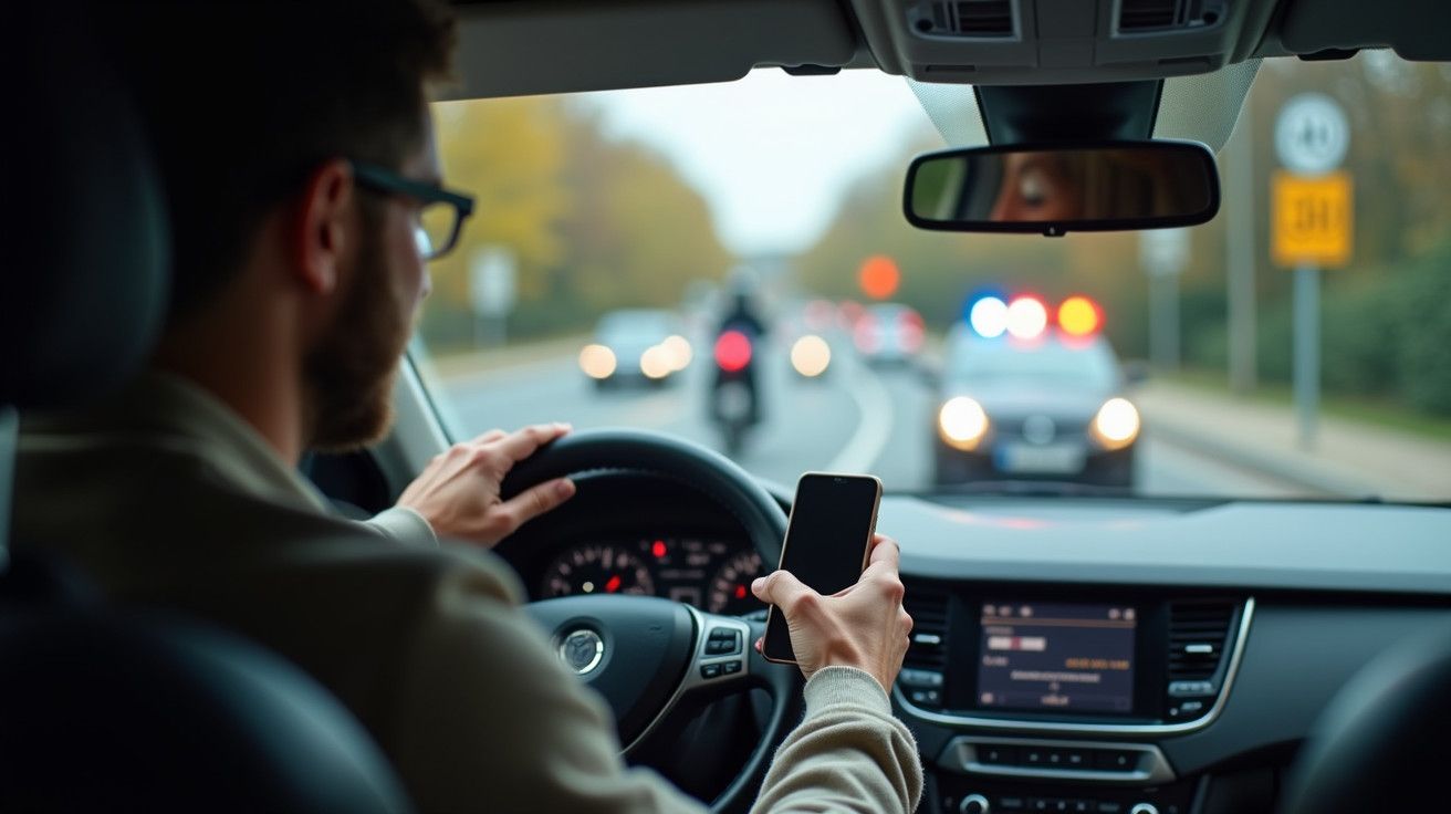 Condutor a usar telemóvel enquanto dirige, com viatura policial e motociclista na estrada à frente.
