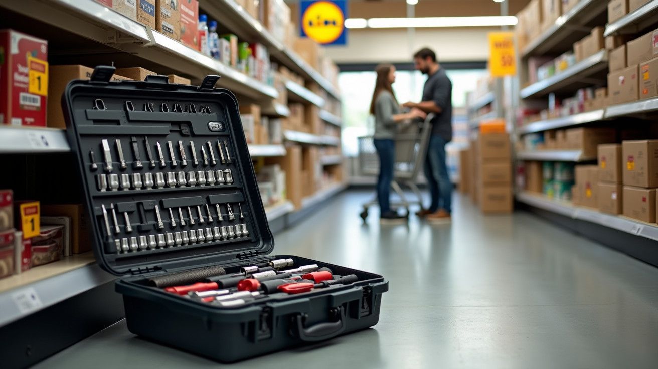 Caixa de ferramentas aberta num corredor de supermercado, casal indistinto ao fundo com carrinho de compras.