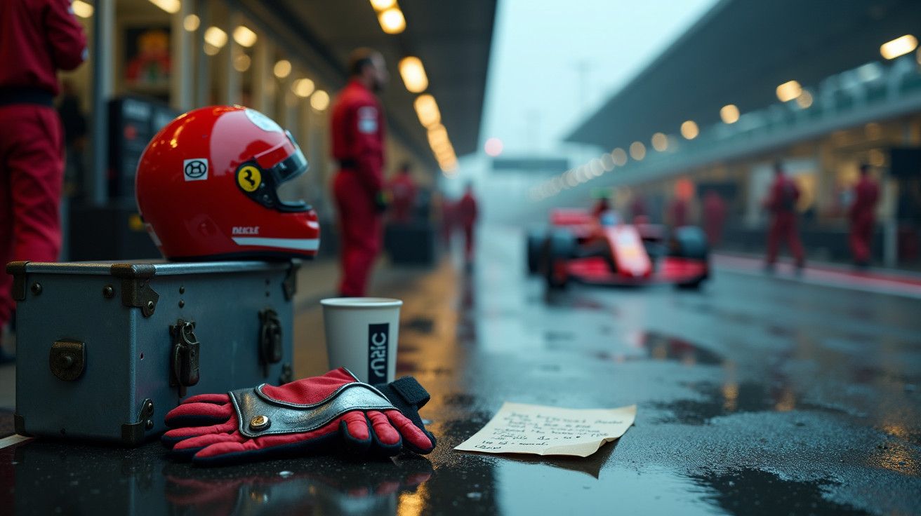Capacete e luvas de corrida sobre caixa no pit stop, carro de F1 ao fundo em pista molhada.