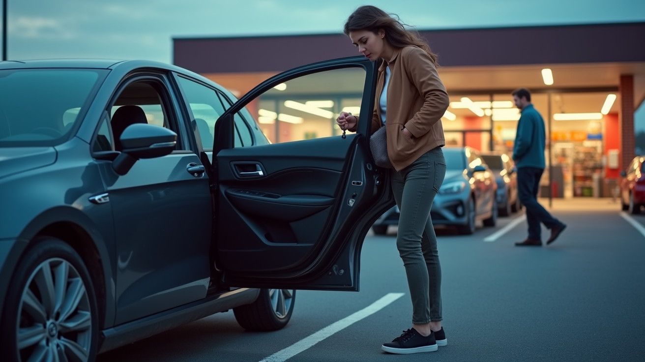 Mulher entra no carro num parque de estacionamento à noite, enquanto um homem caminha ao fundo, em direção às lojas iluminada