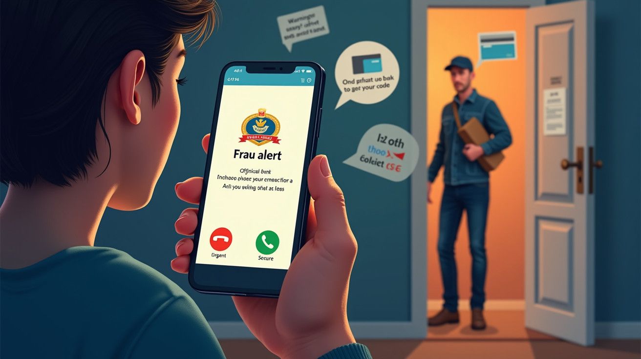 Pessoa olha para telemóvel com alerta de fraude enquanto um homem com boné entra pela porta aberta.