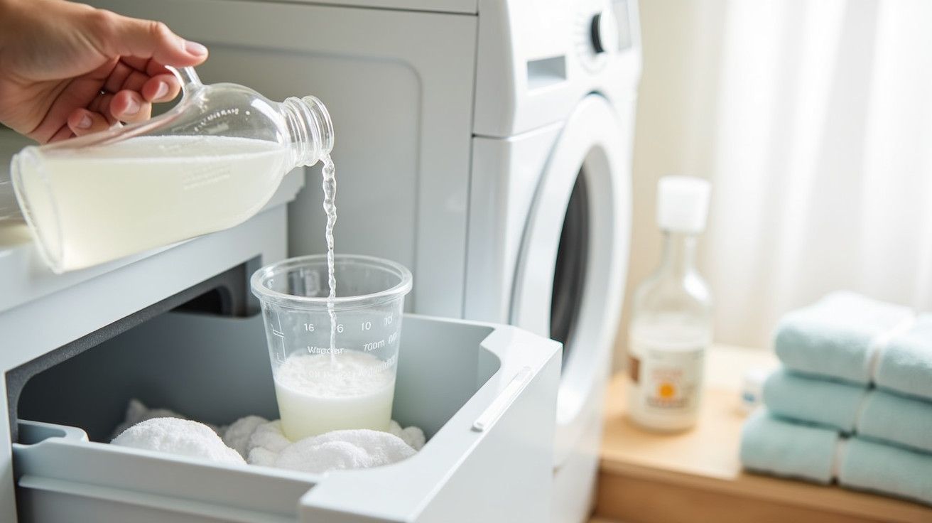 Pessoa a deitar detergente líquido num copo medidor em frente a uma máquina de lavar roupa.