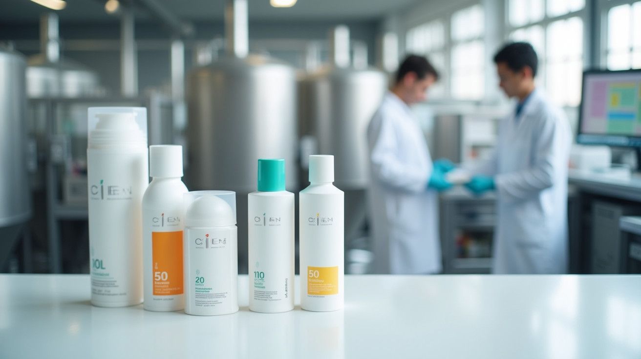 Frascos de produtos cosméticos em destaque no laboratório, com dois cientistas a trabalharem ao fundo.