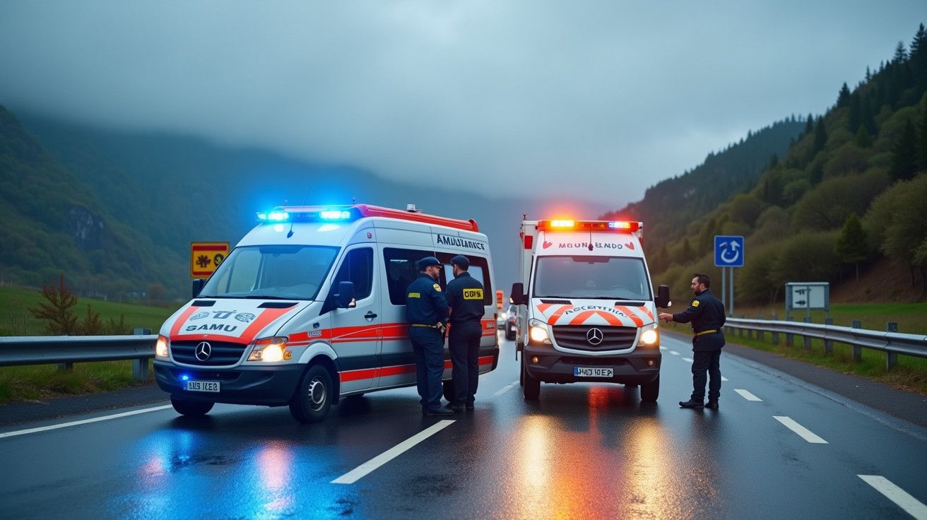 Duas ambulâncias bloqueiam estrada molhada na montanha, com pessoal de emergência a coordenar.