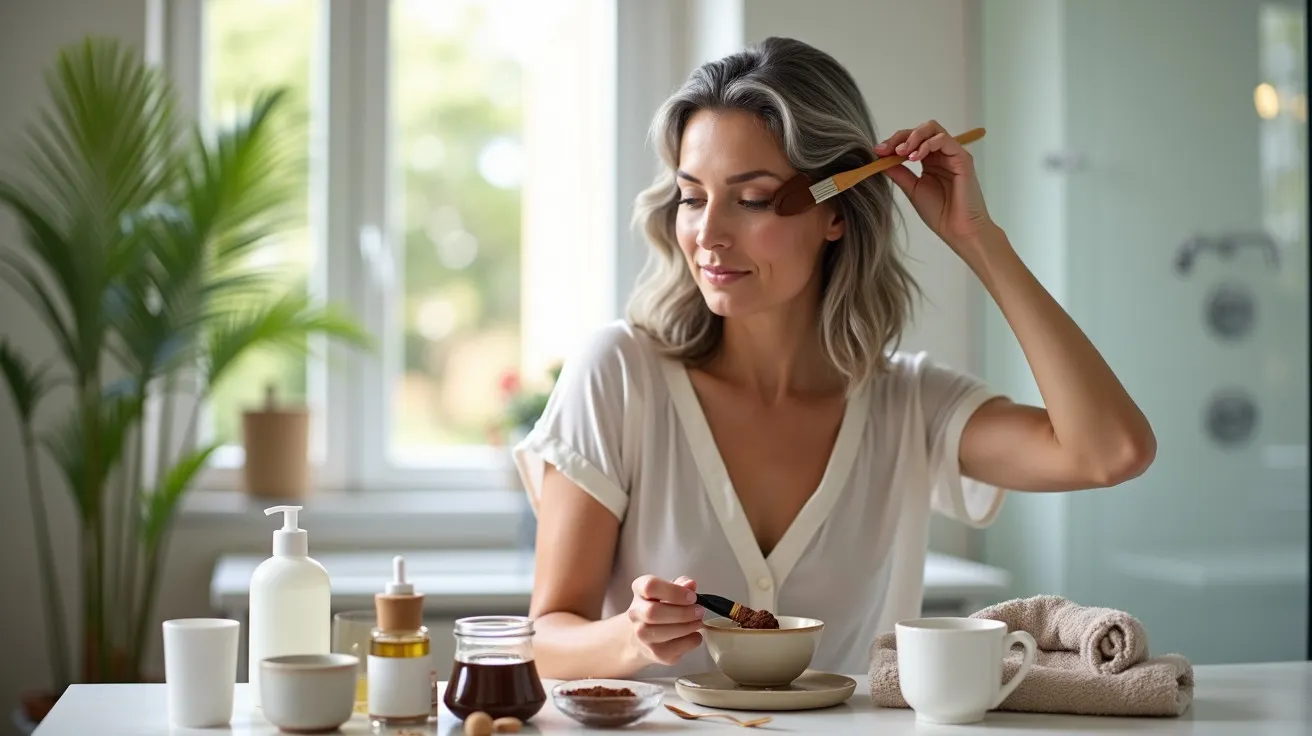 Mulher aplica máscara facial com pincel, sentada à mesa com produtos de beleza.