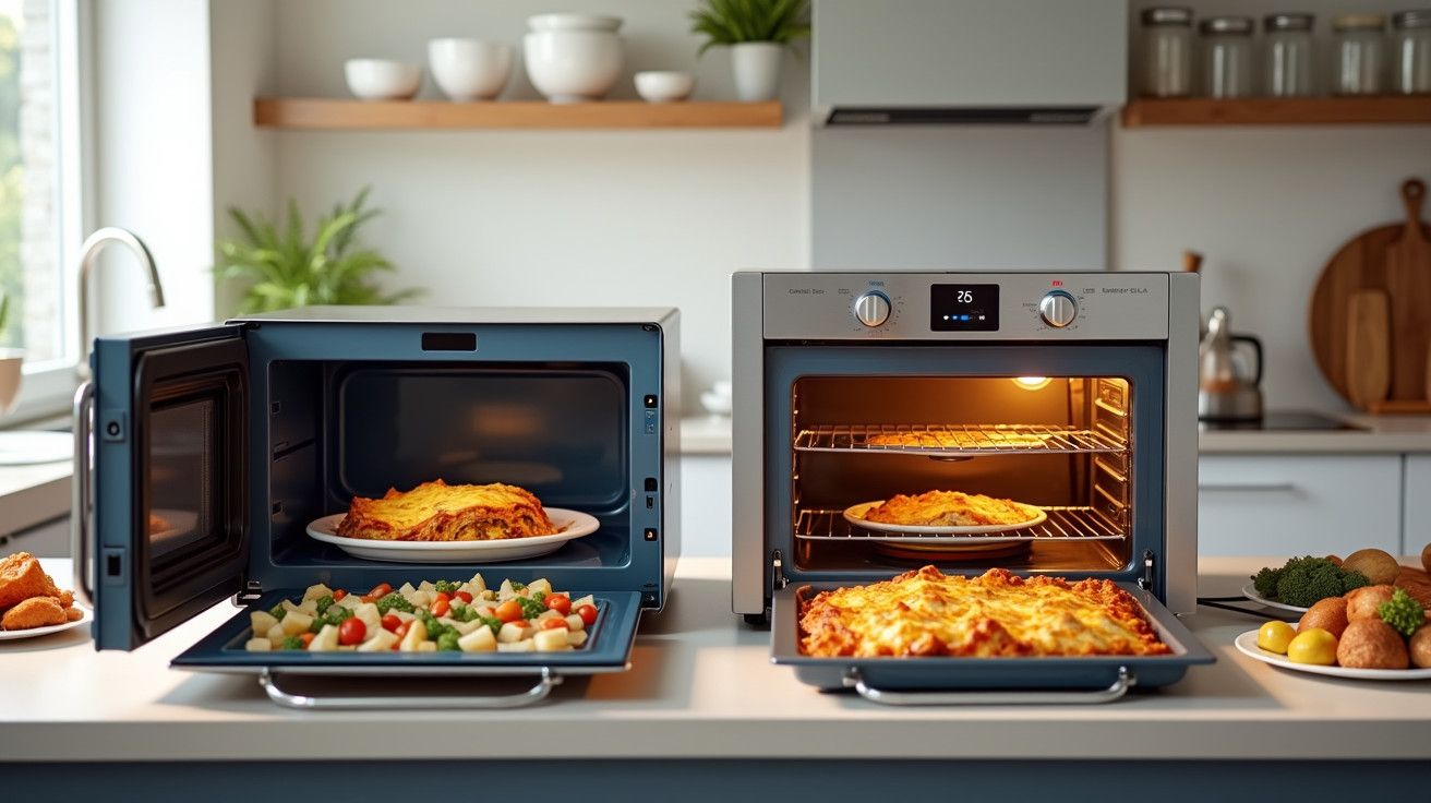 Dois fornos na cozinha com pratos de lasanha e vegetais num balcão iluminado.