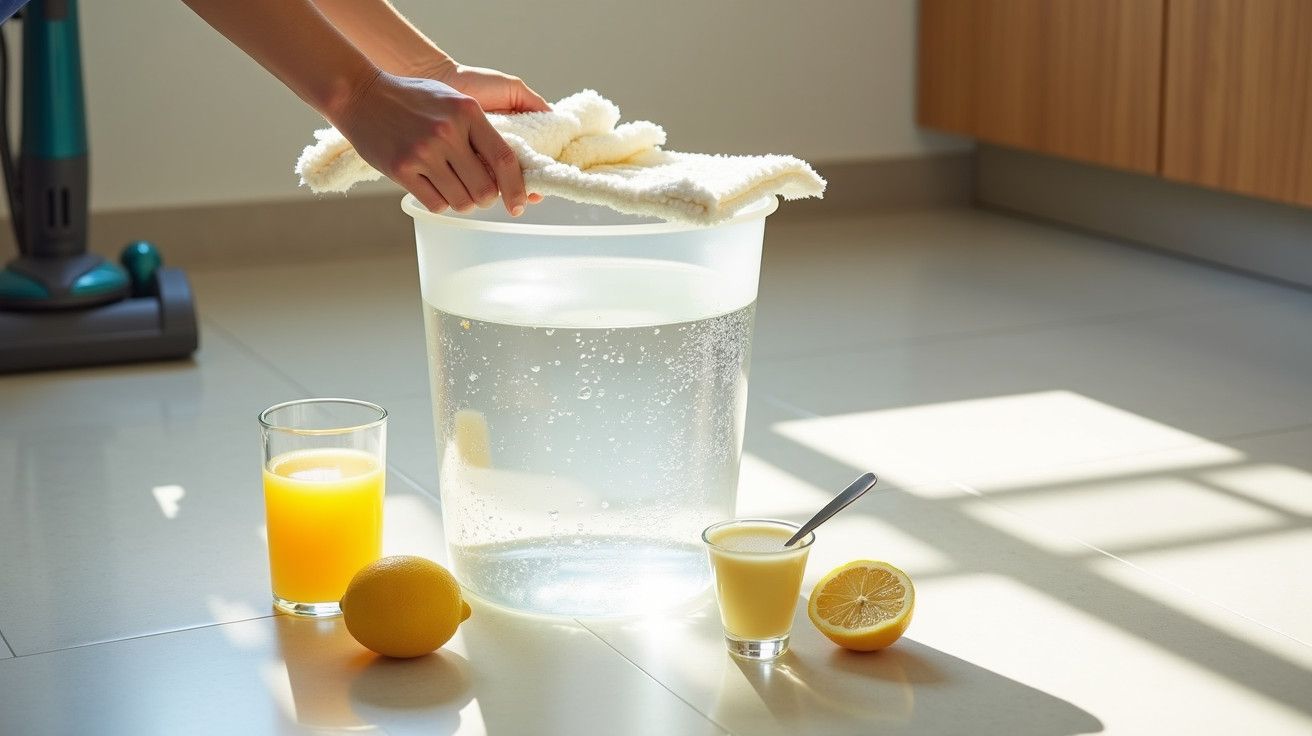 Mãos a mergulhar pano num balde com água, rodeado por limão, copo de sumo, e iogurte num chão de cozinha iluminado.