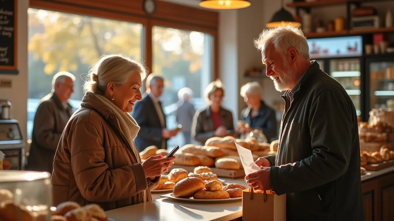 Clientes compram pão fresco numa padaria iluminada pelo sol, conversando ao balcão.