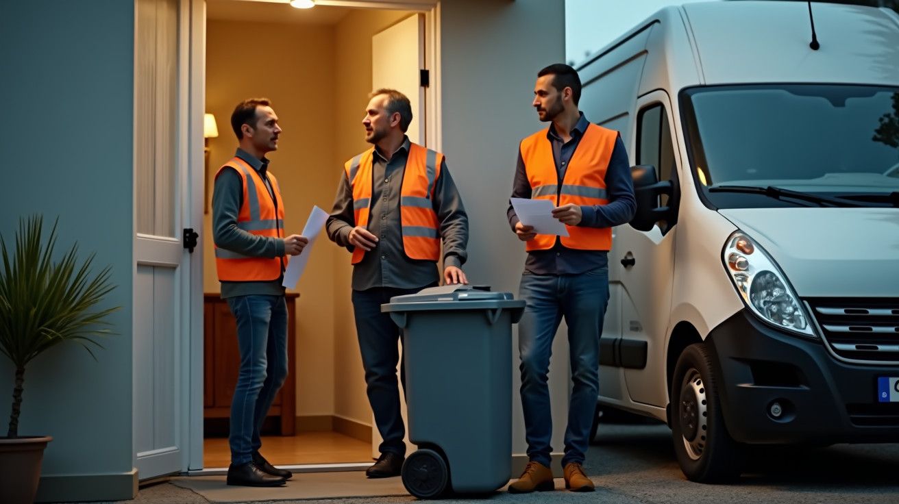 Três homens com coletes refletivos conversam ao lado de um camião de entregas e um contentor de lixo.