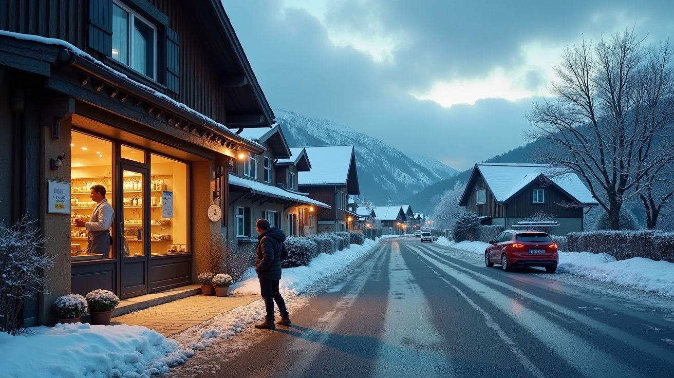 Rua nevada ao entardecer com casas iluminadas e pessoas, montanhas ao fundo.