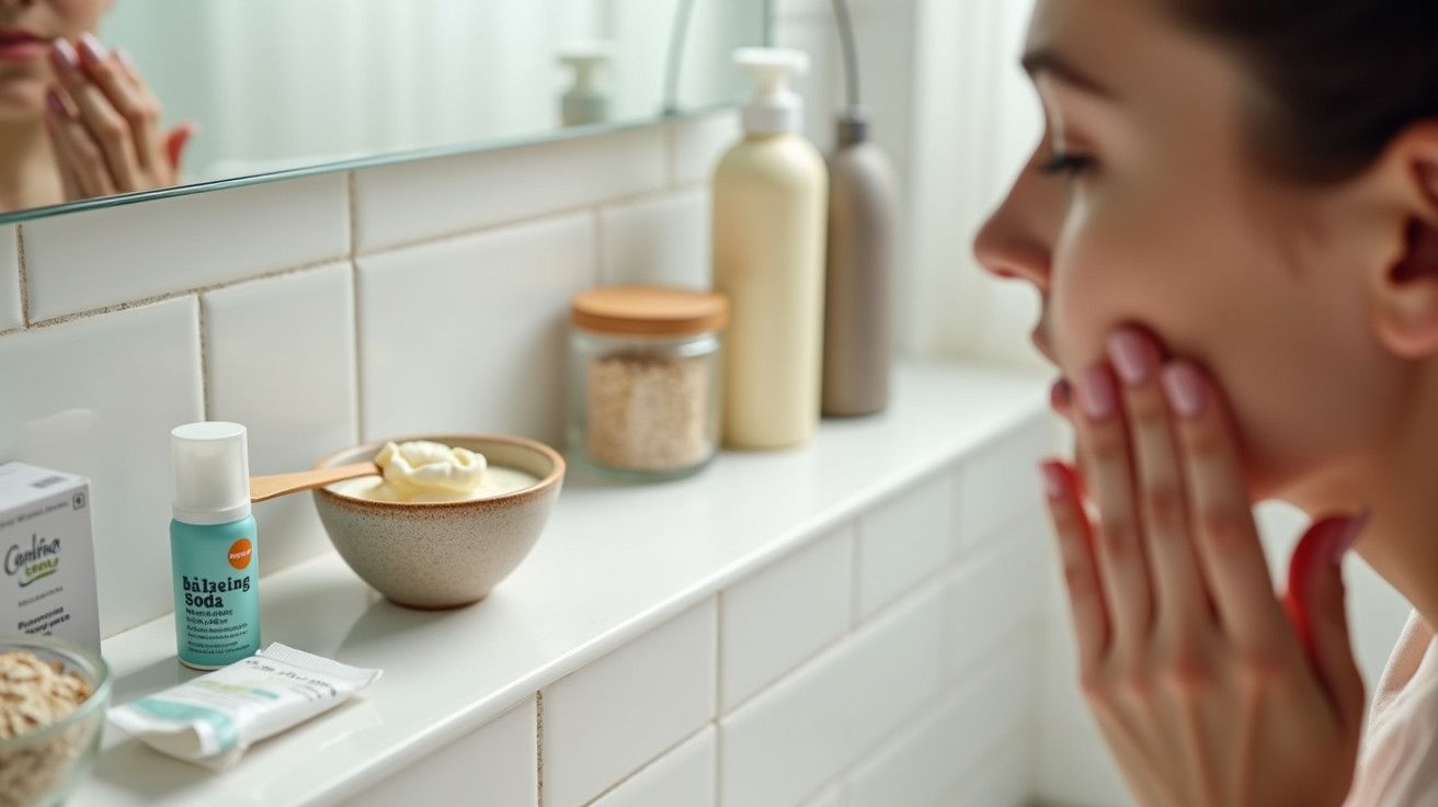 Mulher cuidando do rosto num lavatório moderno com produtos de beleza e higiene.