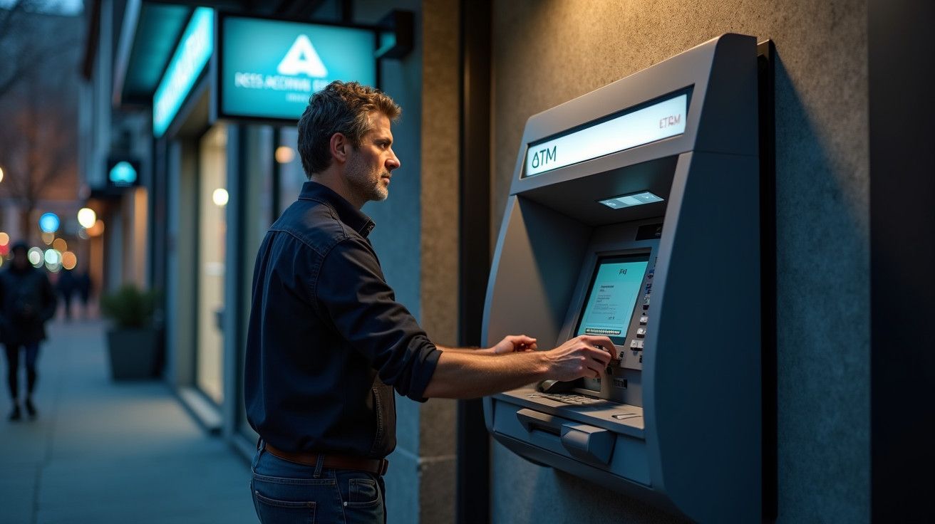Homem a utilizar um caixa multibanco numa rua iluminada à noite. Edifícios com letreiros ao fundo.