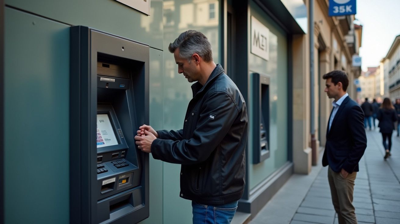 Homem usando caixa multibanco na rua, enquanto outra pessoa passa ao fundo.