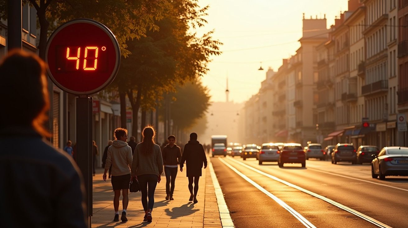 Rua movimentada ao pôr do sol com termómetro a 40°C e pessoas a caminhar no passeio.