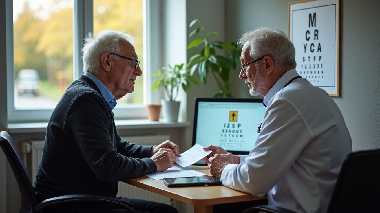 Dois homens idosos conversam num consultório médico, com um gráfico de leitura ocular ao fundo.