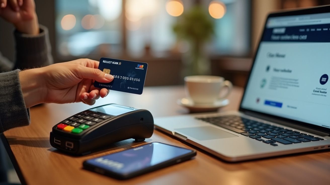 Pessoa segura cartão de crédito para pagamento em terminal, com portátil e chávena de café próximos.