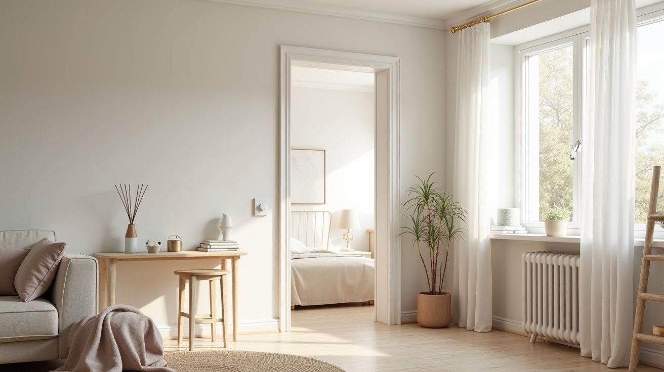 Sala de estar moderna com sofá bege, mesa de madeira e plantas. Luz natural entra pela janela à direita.