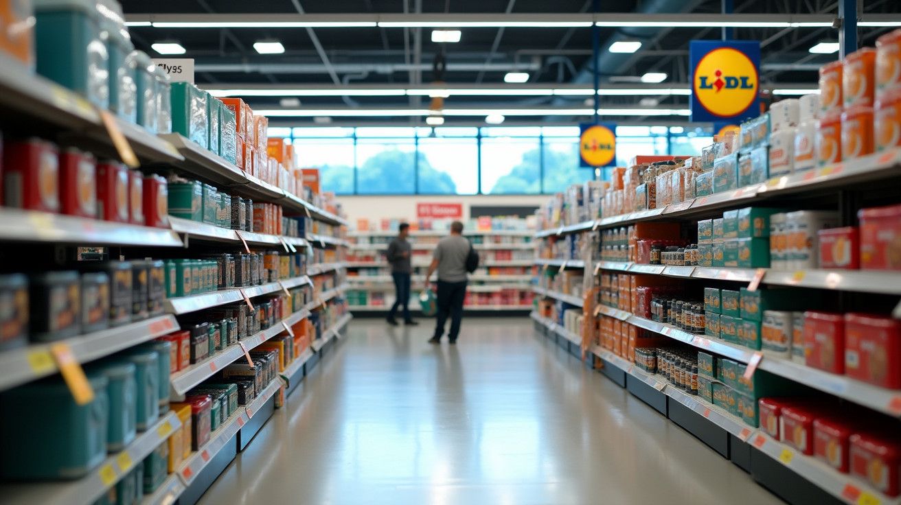 Corredor de supermercado Lidl com prateleiras cheias, duas pessoas ao fundo junto a produtos diversos.