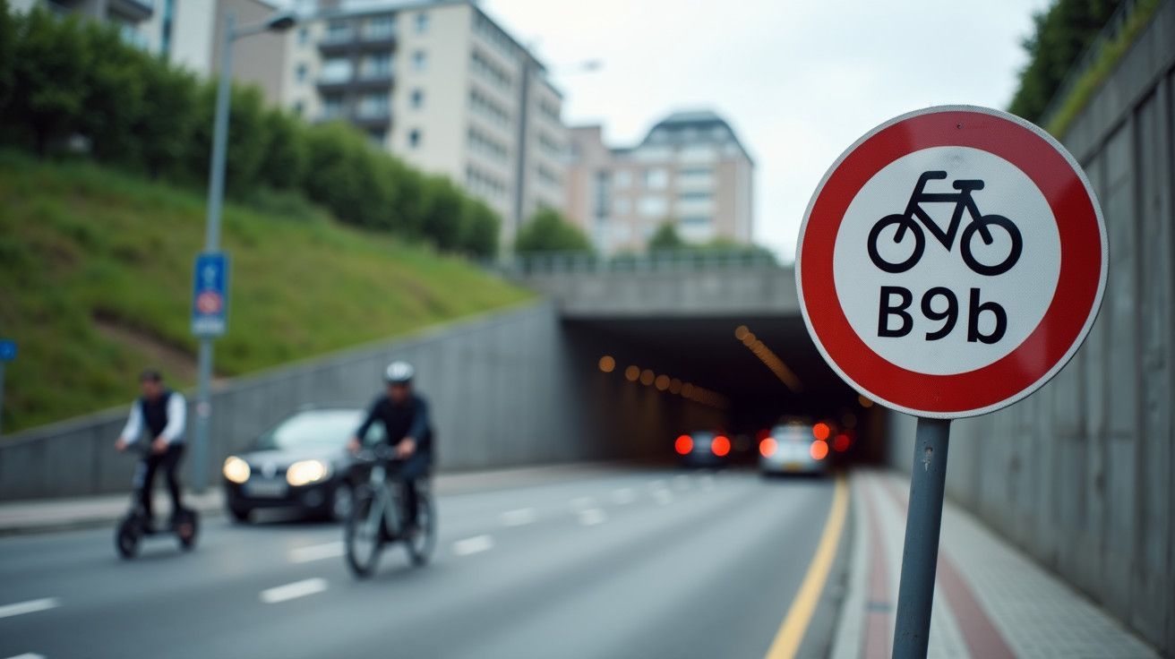 Sinal de trânsito para bicicletas B9b numa estrada urbana com ciclistas e carros perto de um túnel.