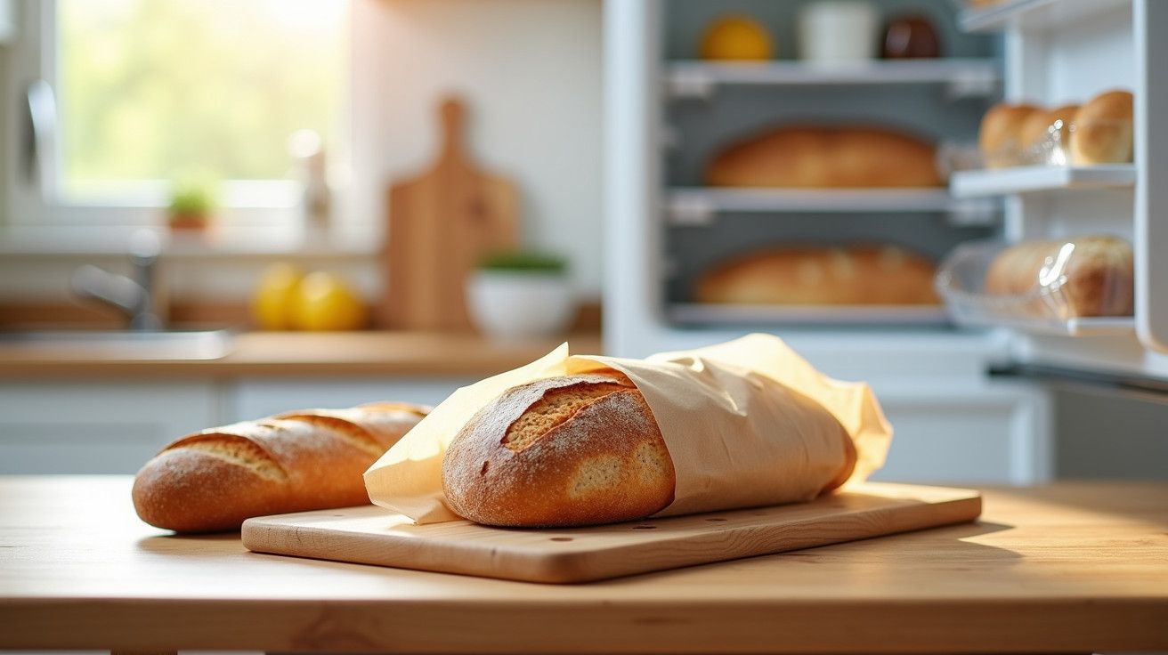 Pão caseiro na mesa de cozinha com luz solar, ao lado de um frigorífico aberto e utensílios ao fundo.