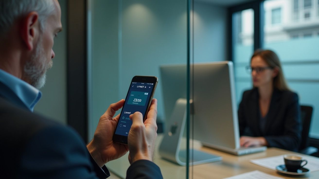 Homem verifica conta bancária no telemóvel numa sala de reuniões, enquanto mulher trabalha no computador ao fundo.