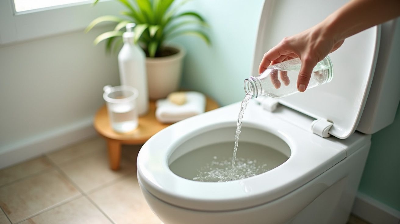Mão a despejar líquido transparente de uma garrafa numa sanita, com planta ao fundo numa casa de banho iluminada.