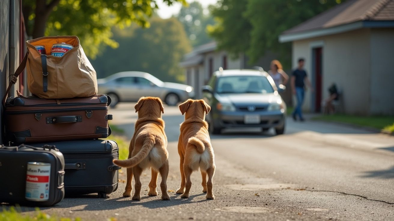 Dois cães de costas olhando para um carro estacionado, com malas e uma bolsa ao lado, numa rua arborizada.