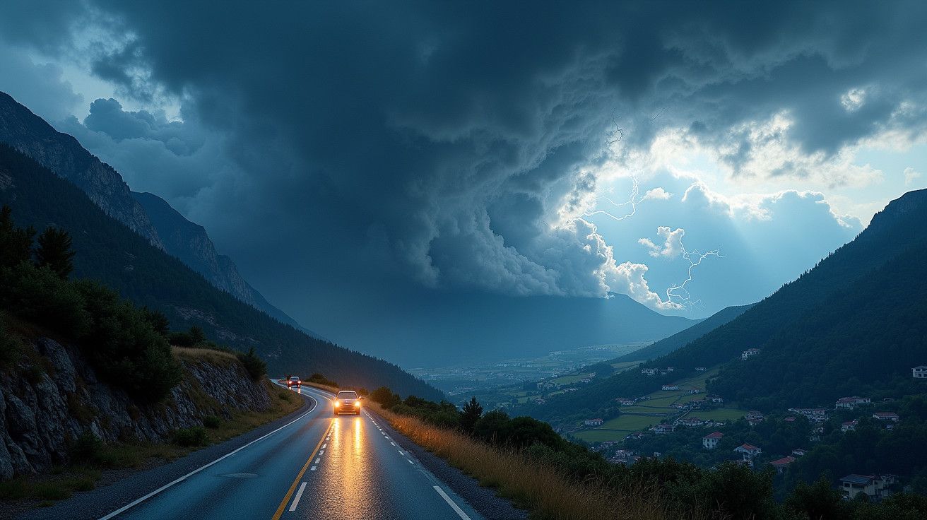 Estrada montanhosa durante tempestade, com relâmpagos ao fundo e céu parcialmente iluminado.