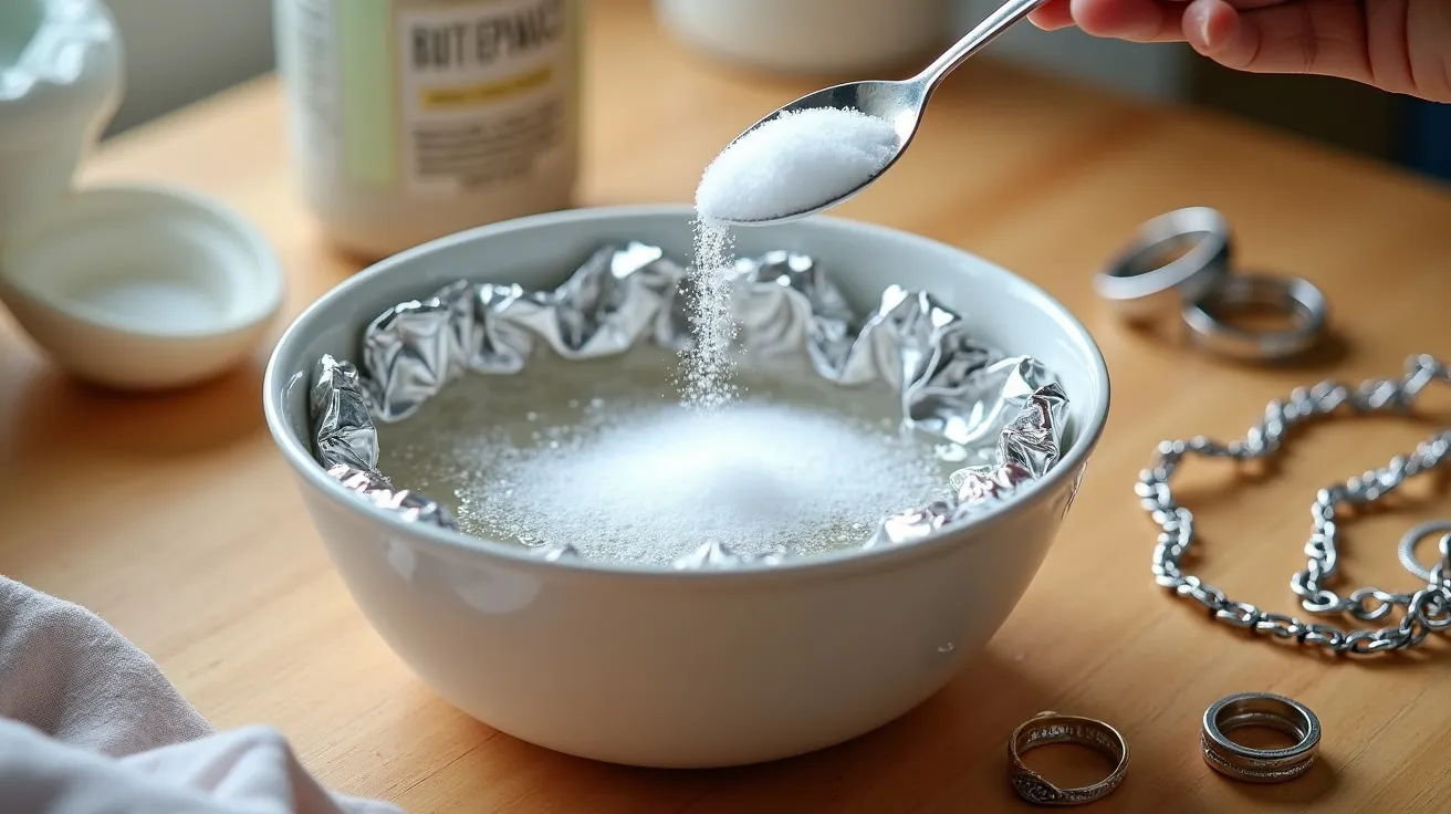 Colar e anéis prateados ao lado de uma tigela com folha de alumínio e colher vertendo sal na água.