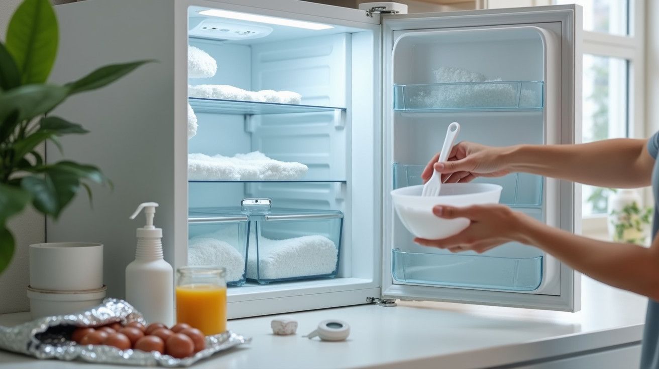 Pessoa de frente a frigorífico aberto, mexendo ingredientes numa tigela. Bancada com sumo e ovos.