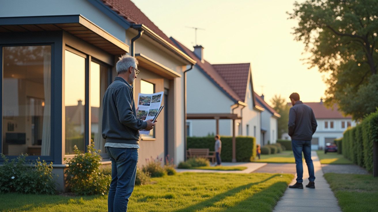 Homem lê jornal no jardim de uma casa moderna ao pôr-do-sol, com outra pessoa a caminhar ao fundo.