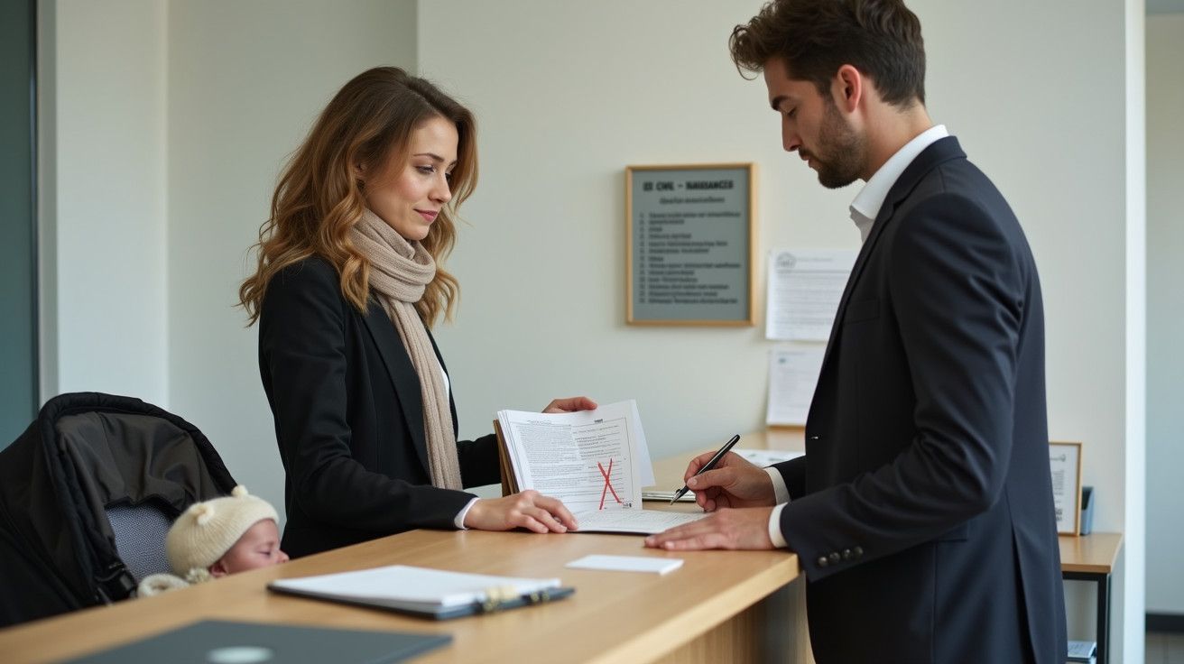 Homem e mulher em pé numa receção, a assinar documentos; há um bebé a dormir num carrinho ao lado.