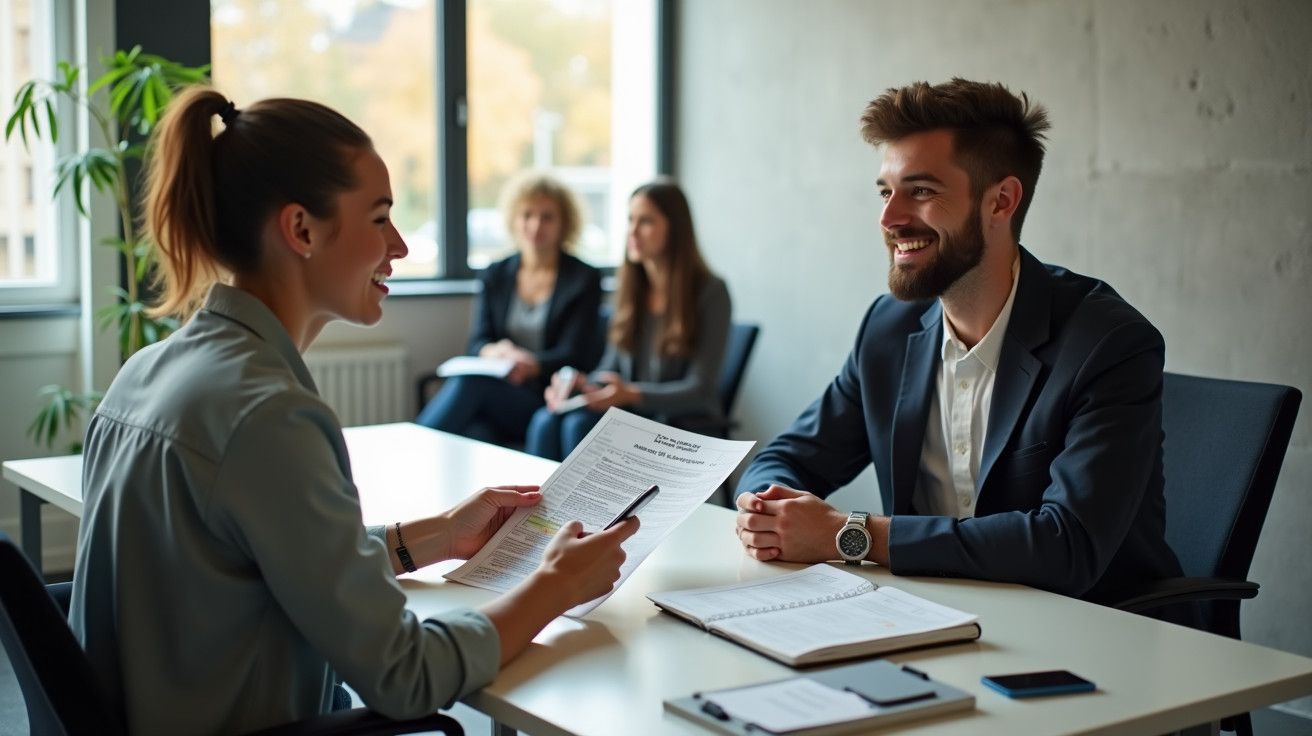 Entrevista de emprego com duas pessoas a sorrir numa sala de escritório moderna, outras duas pessoas ao fundo.