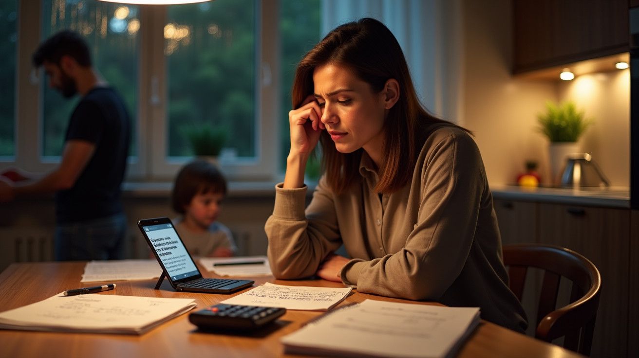 Mulher concentrada estudando à mesa com computador. Criança e homem ao fundo na cozinha iluminada.