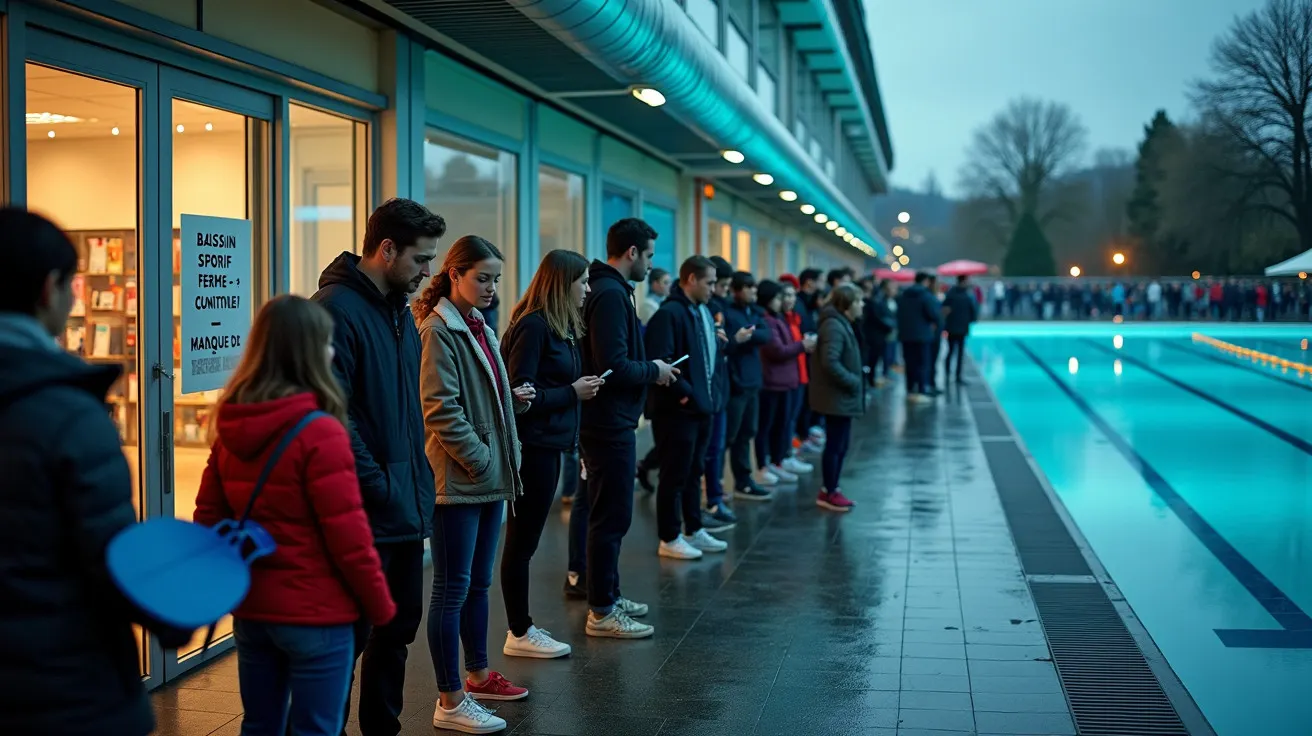 Fila de pessoas à espera junto a uma piscina exterior coberta, num dia nublado.