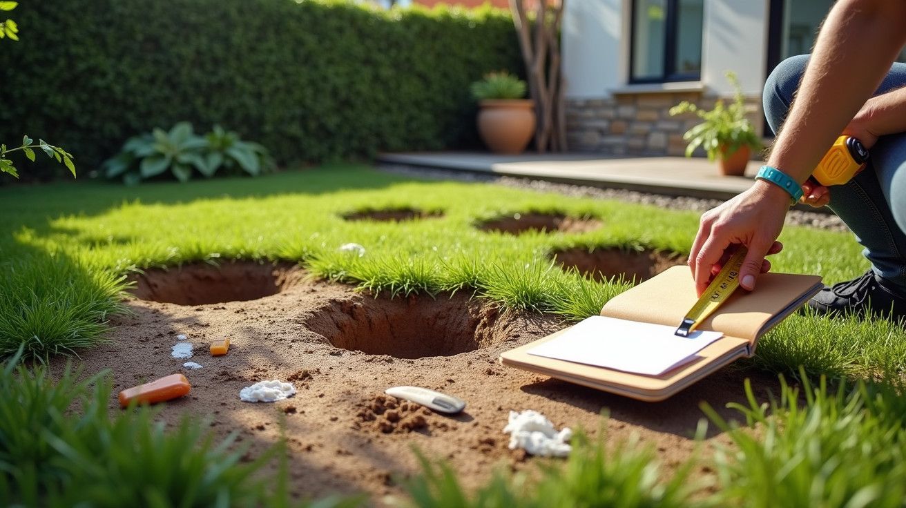 Pessoa analisando buracos no jardim com caderno e fita métrica, rodeada de relva verde e plantas ao fundo.
