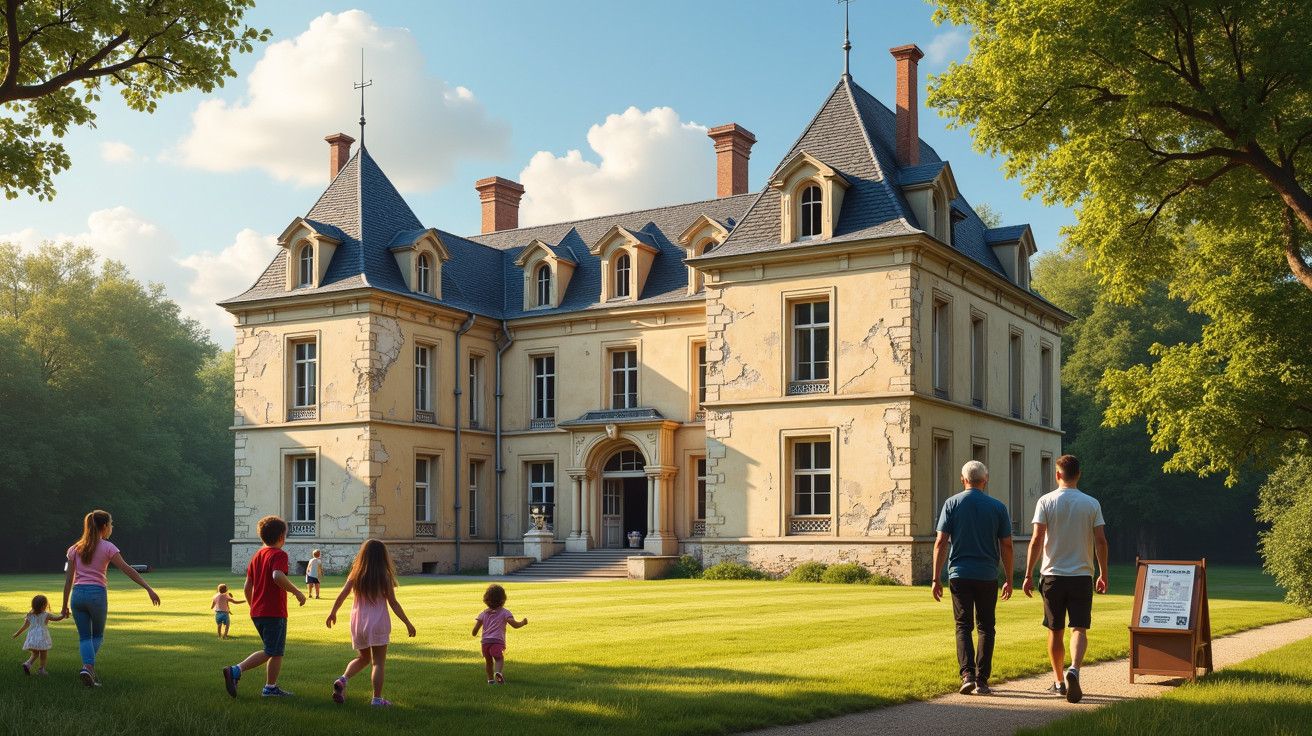 Família e crianças caminham rumo a um elegante château cercado por árvores e jardins verdes, em um dia ensolarado.