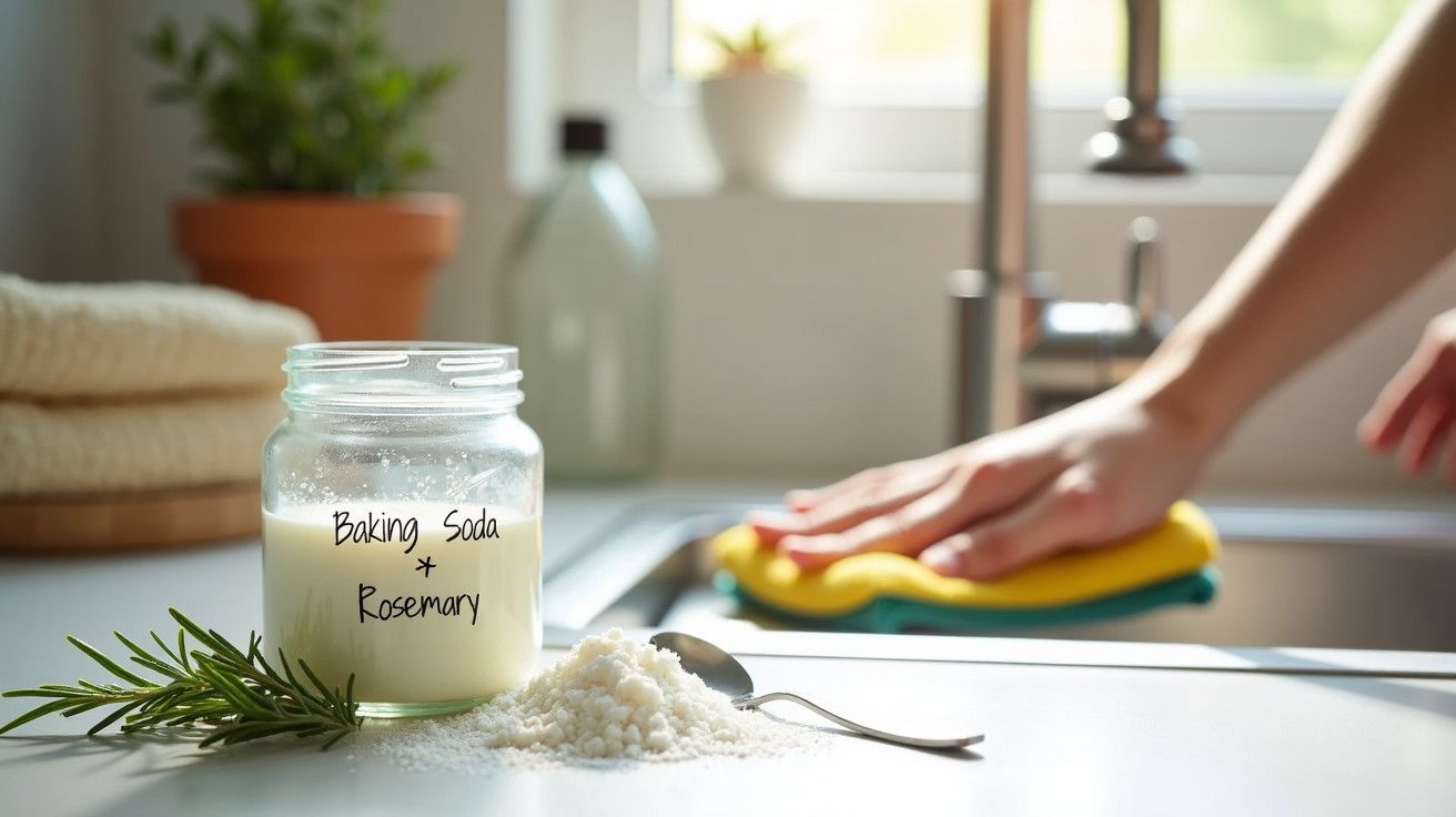Frasco com bicarbonato de sódio e alecrim ao lado de uma colher e mãos a limpar bancada com esponja.