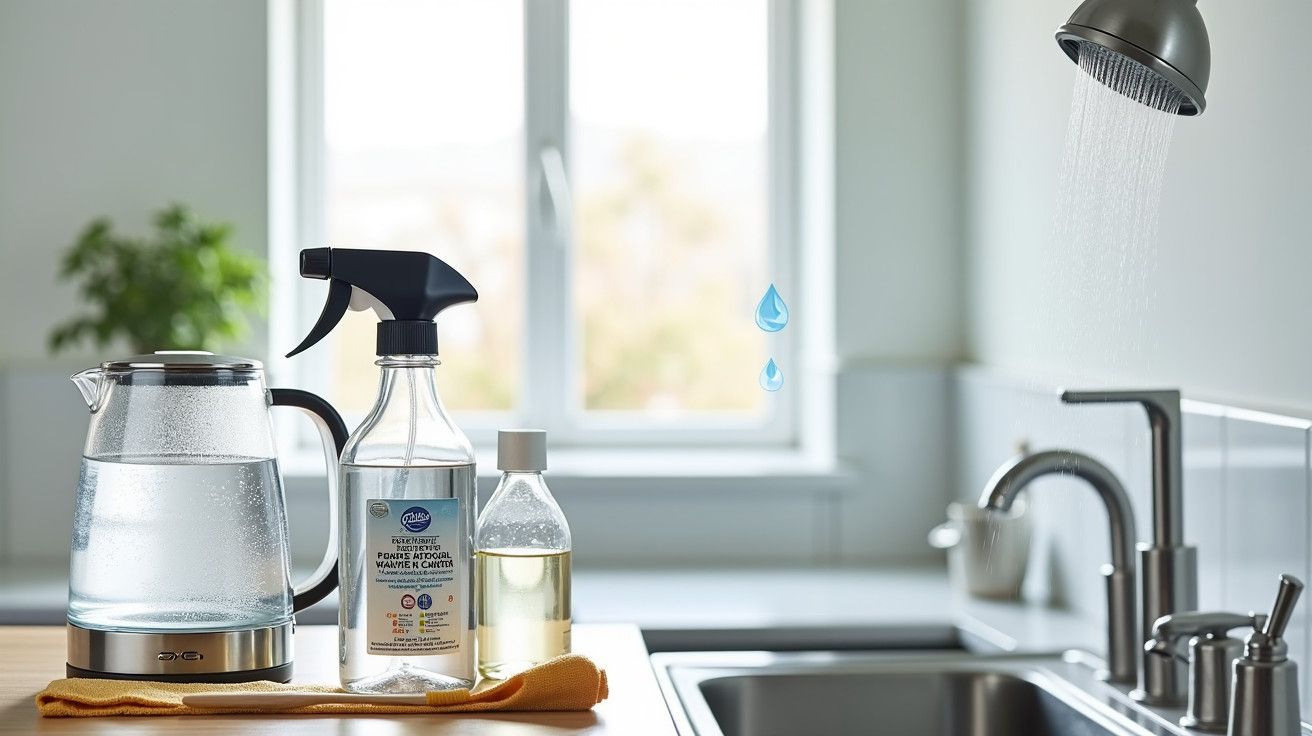Bule elétrico, spray e frasco em balcão de cozinha moderna com janelas grandes e pia.