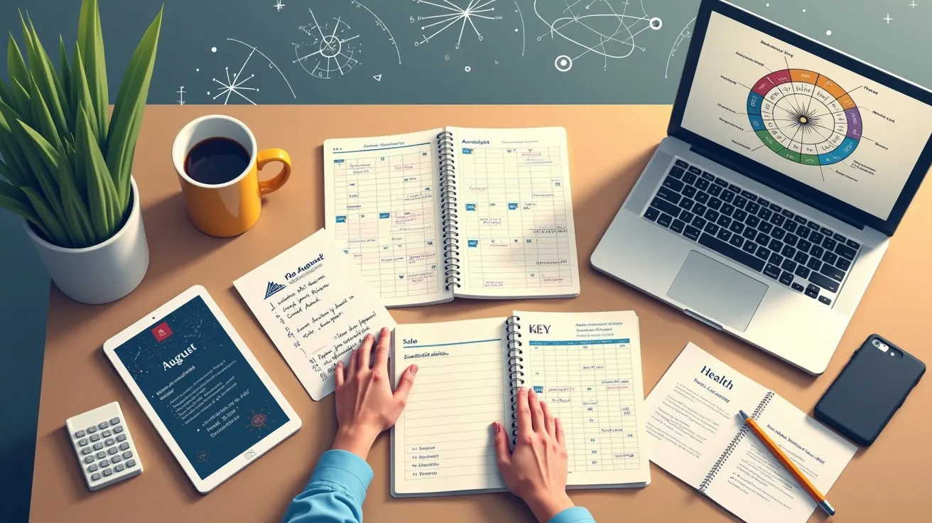 Pessoa planejando numa secretária com cadernos, portátil, chávena e gráficos.