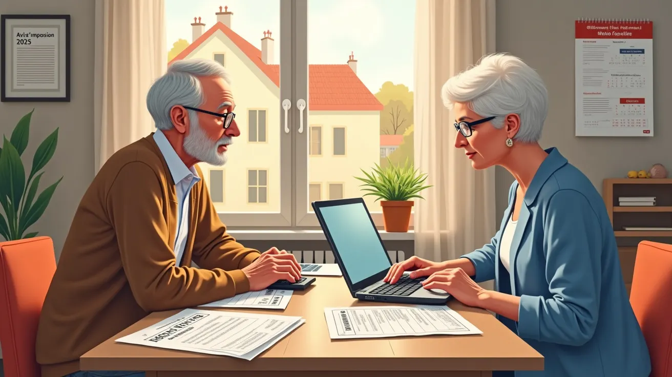 Casal de idosos sentados à mesa de escritório, analisando documentos e trabalhando no computador portátil.