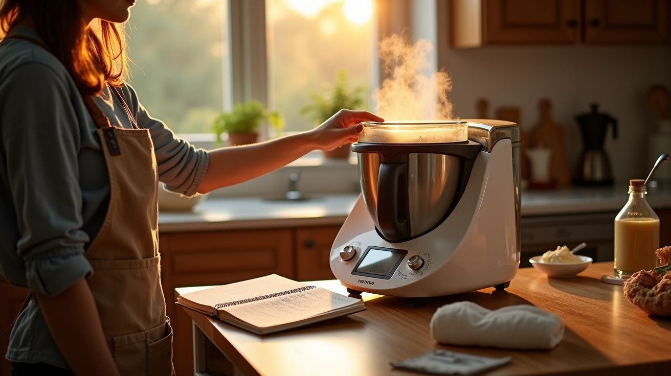 Mulher usando um processador de alimentos numa cozinha iluminada pelo sol, com vapor a subir do aparelho.