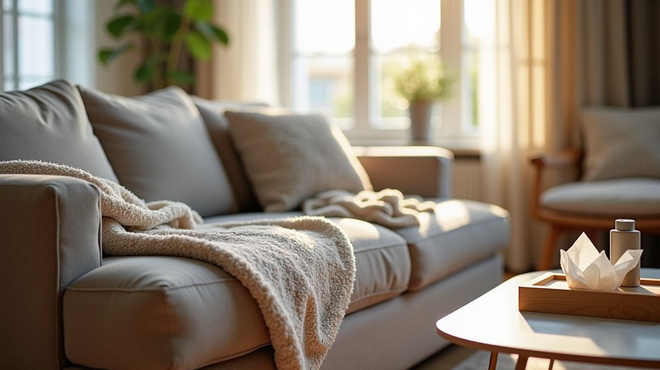 Sala de estar com sofá bege, manta e almofadas; mesa com caixa de lenços e vela; luz natural suave entrando pela janela.