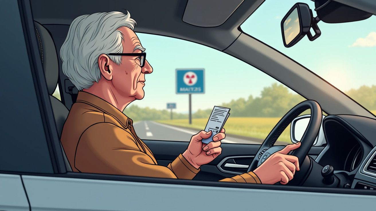 Condutor idoso com óculos usa smartphone ao volante em estrada ensolarada, com sinais de trânsito ao fundo.