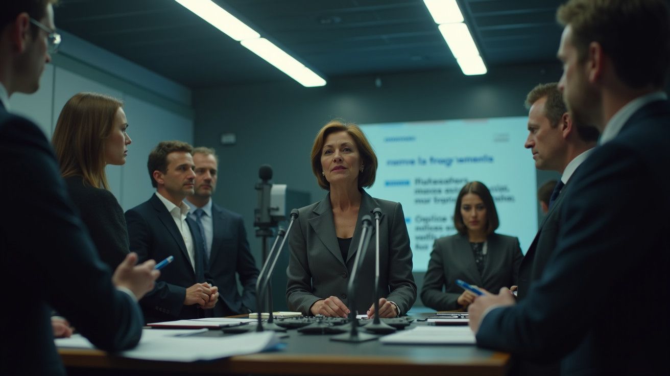 Pessoas em sala de conferências, mulher ao centro fala para grupo, mesa com documentos e microfones.