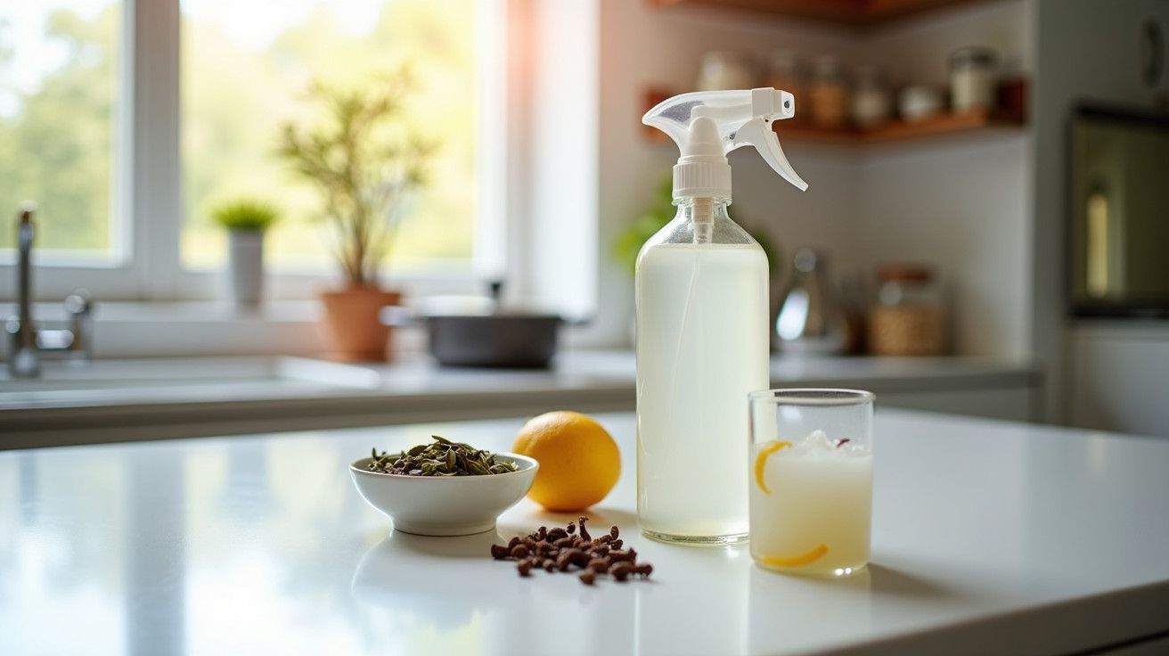 Frasco de spray com líquido caseiro, limão, cravos e ervas numa cozinha iluminada.