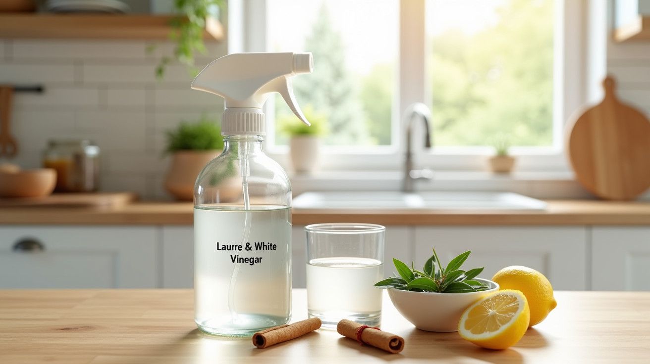 Garrafa de vinagre com borrifador, rodelas de limão, pau de canela e ervas num balcão de cozinha iluminada.