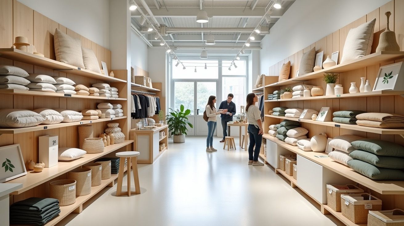 Loja de decoração com prateleiras de almofadas, cestos e vasos. Três pessoas conversam no centro do espaço iluminado.