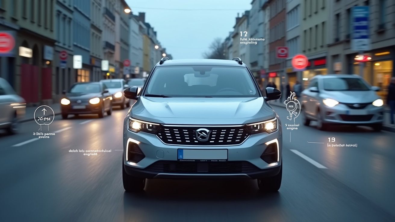 Carro prateado numa rua urbana ao entardecer, rodeado por outros carros em movimento.