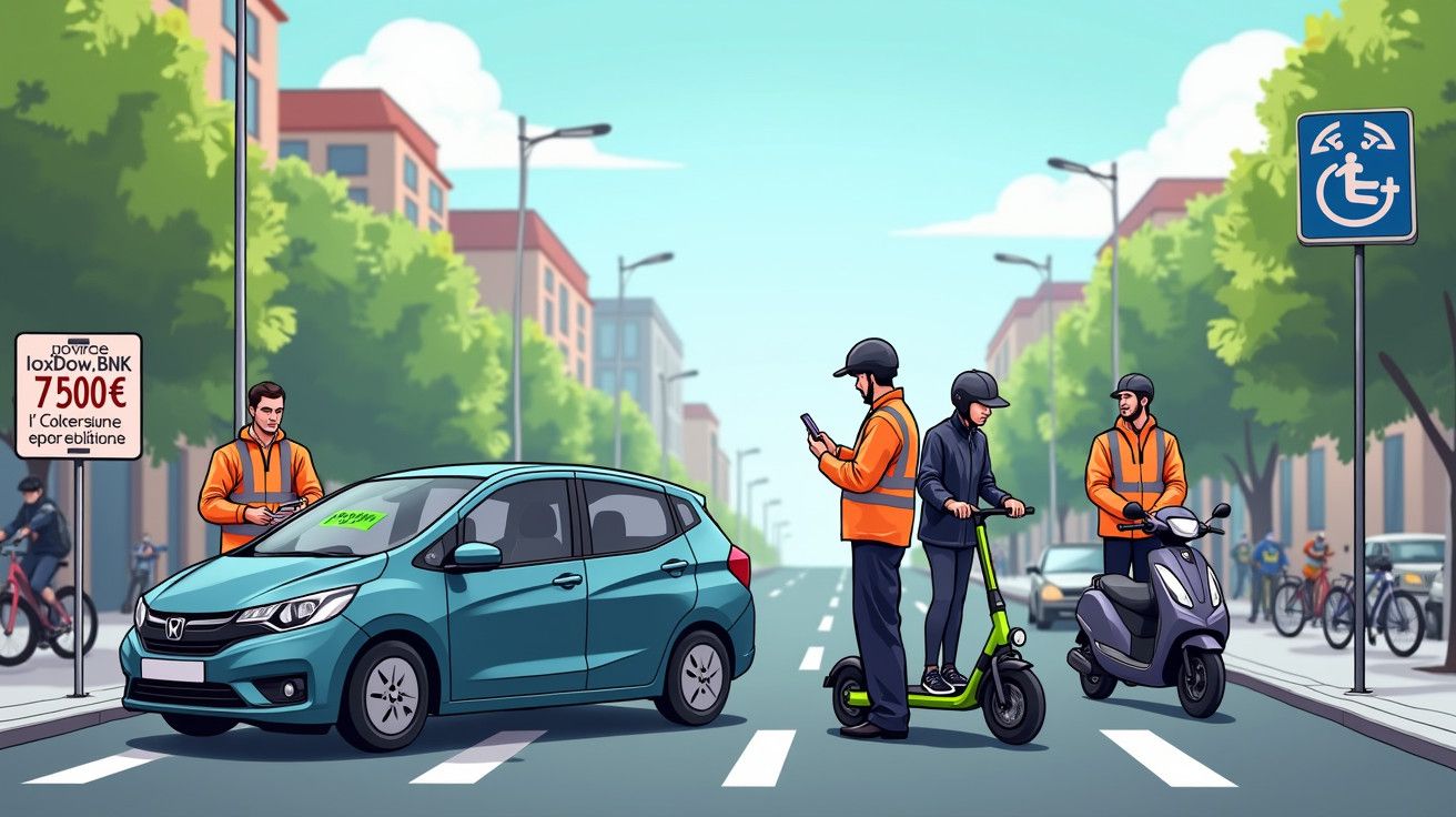 Rua em cidade com sinalização. Carro azul ao centro e pessoas de colete laranja em trotinete e mota elétrica.